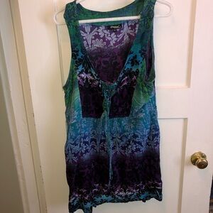 Papa Vancouver Green and Blue Tie Front Tank Top, great for summer vacation used